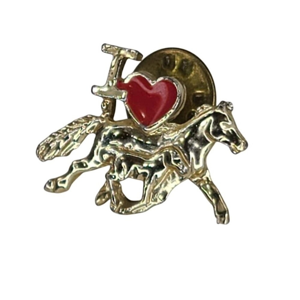 I Love Horses Lapel Pin Gold Tone With Red Heart Brooch Hat Tie Tack